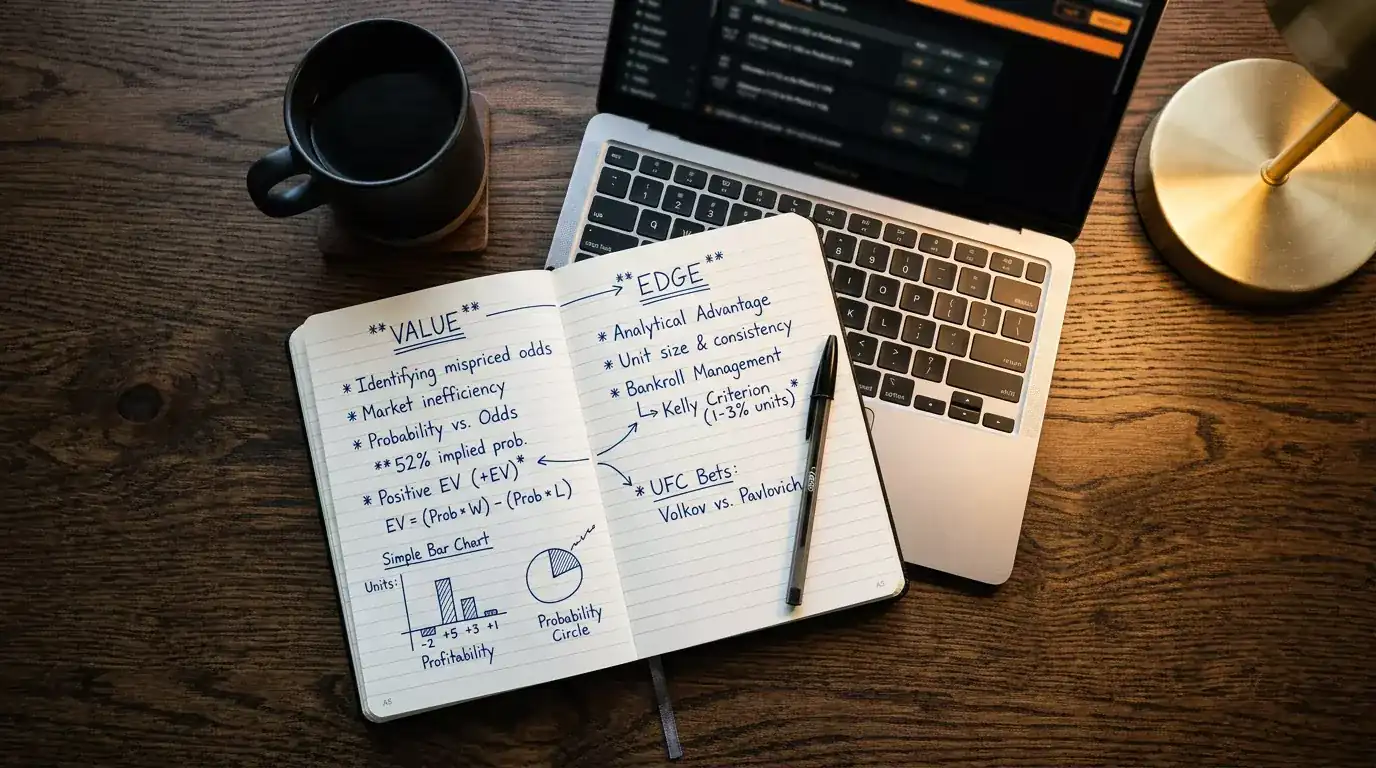 Notebook with UFC betting strategy notes next to a laptop showing fight odds and implied probability calculations