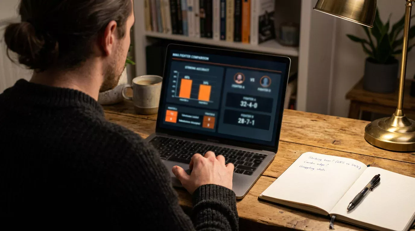 MMA analyst reviewing UFC fighter statistics on a laptop showing striking and grappling metrics