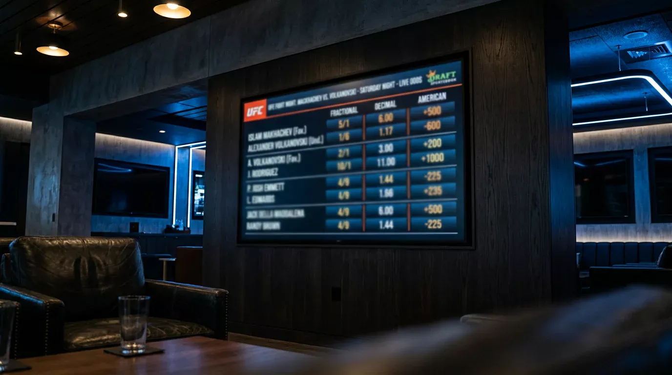 Betting odds board displaying UFC fight odds in fractional decimal and American formats